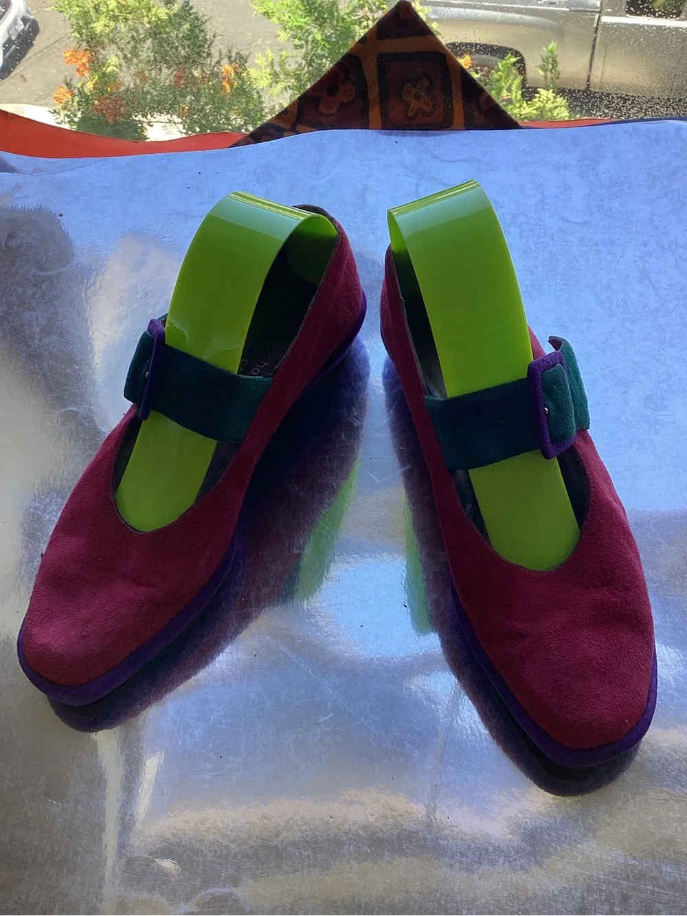 Vintage Sacha London Suede Mary Jane Flats in Burgundy green Purple